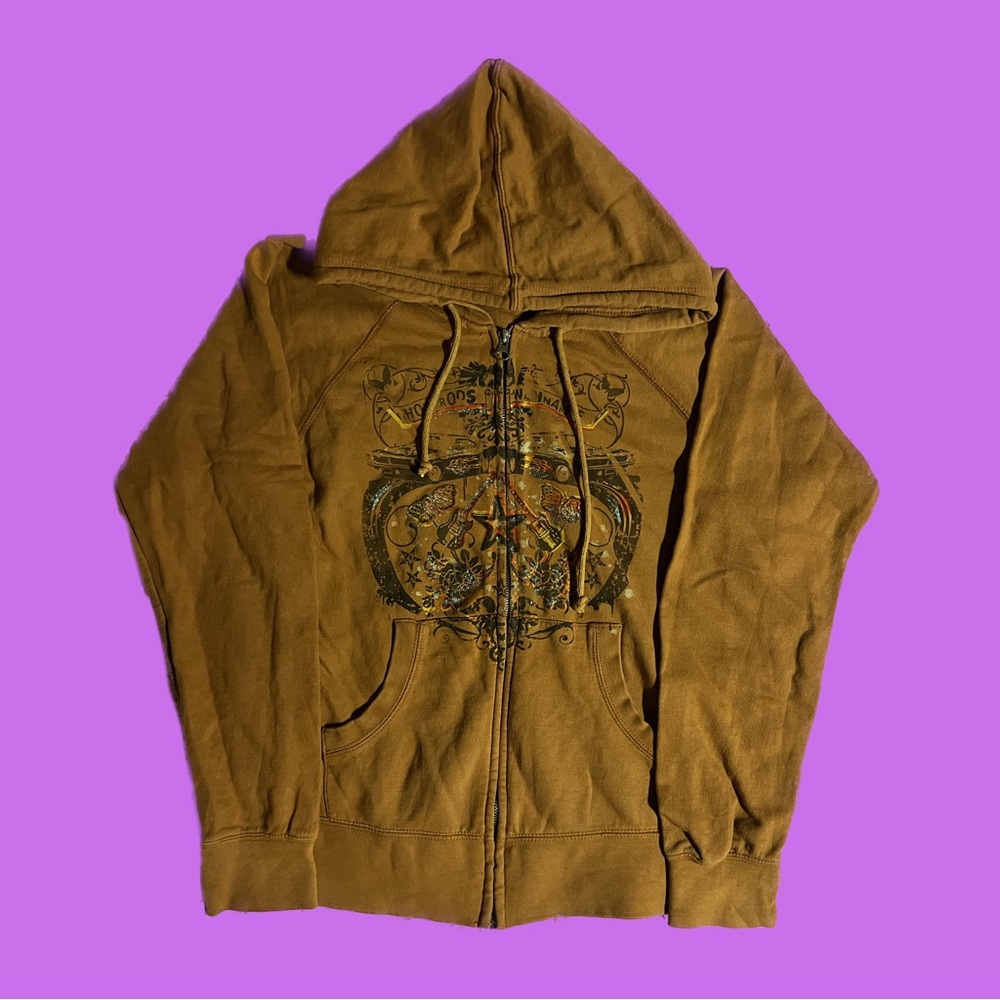2000s Rock star graphic zip up sweater